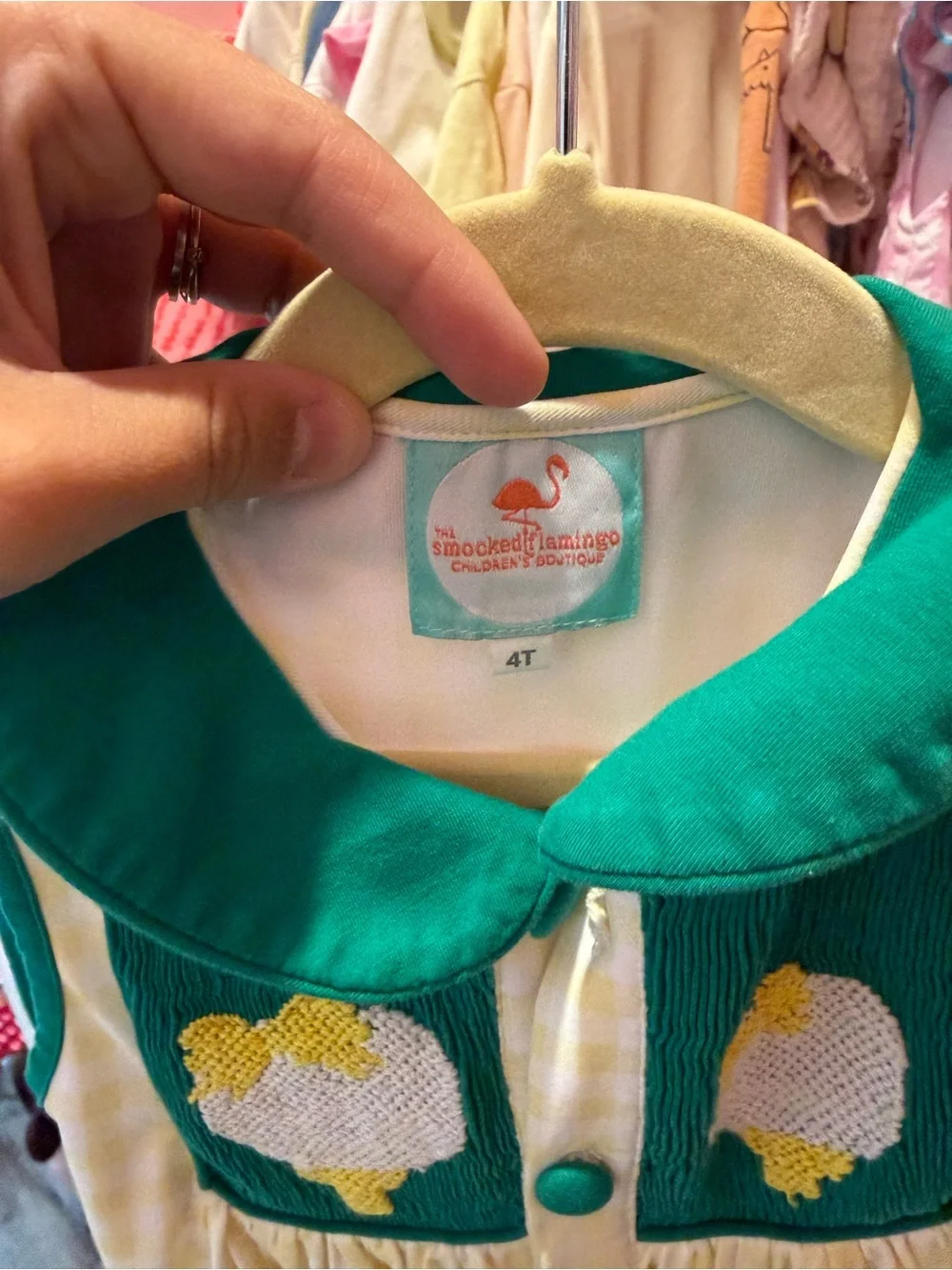 Green & Yellow Gingham Girls' Dress with Embroidered Apples - 4T